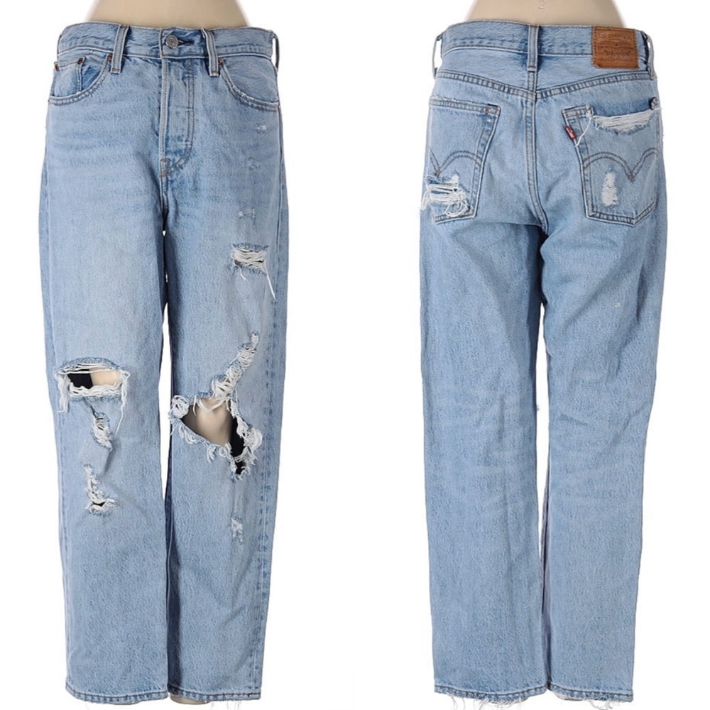 Levi's Buttonfly Blue Straight Leg Jeans with Distressed Details